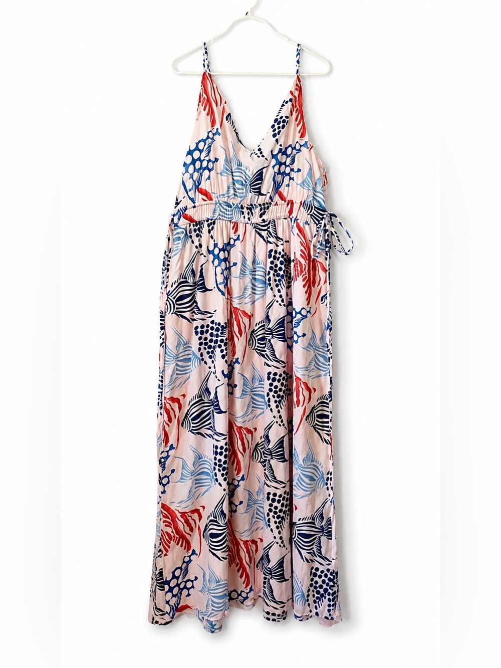 LOFT Tropical Fish Print Double Side Tie Maxi Dress L EUC Tropical Boho Beach